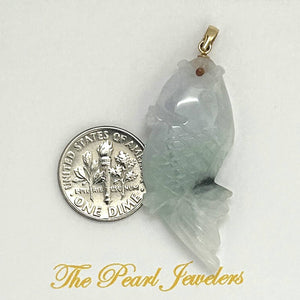14k Solid Yellow Gold Hand-Carved Carp Two-Tone Celadon Jadeite Pendant