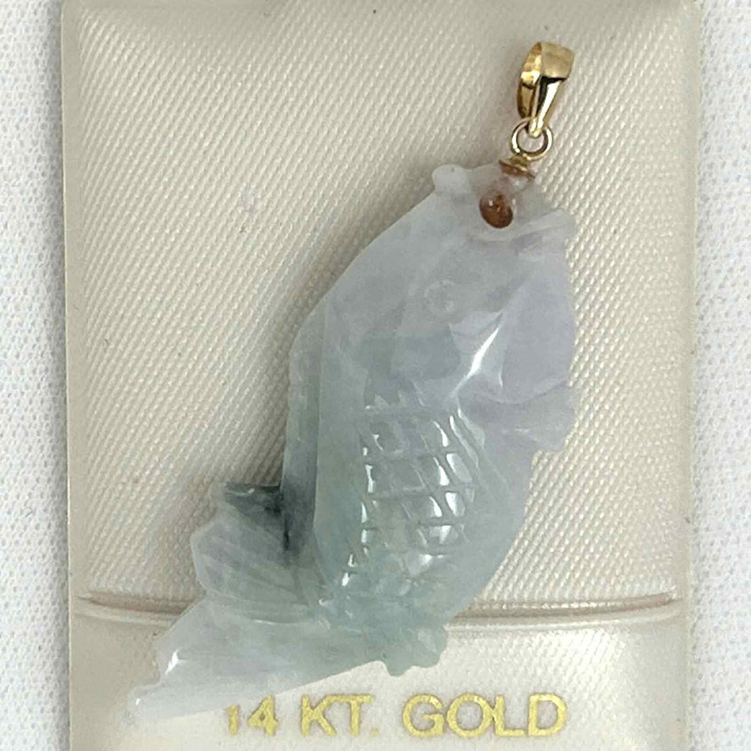 14k Solid Yellow Gold Hand-Carved Carp Two-Tone Celadon Jadeite Pendant