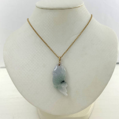 14k Solid Yellow Gold Hand-Carved Carp Two-Tone Celadon Jadeite Pendant