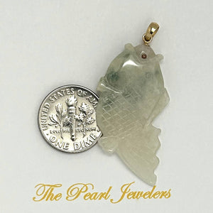 14k Solid Yellow Gold Hand-Carved Carp White-Green Jadeite Pendant