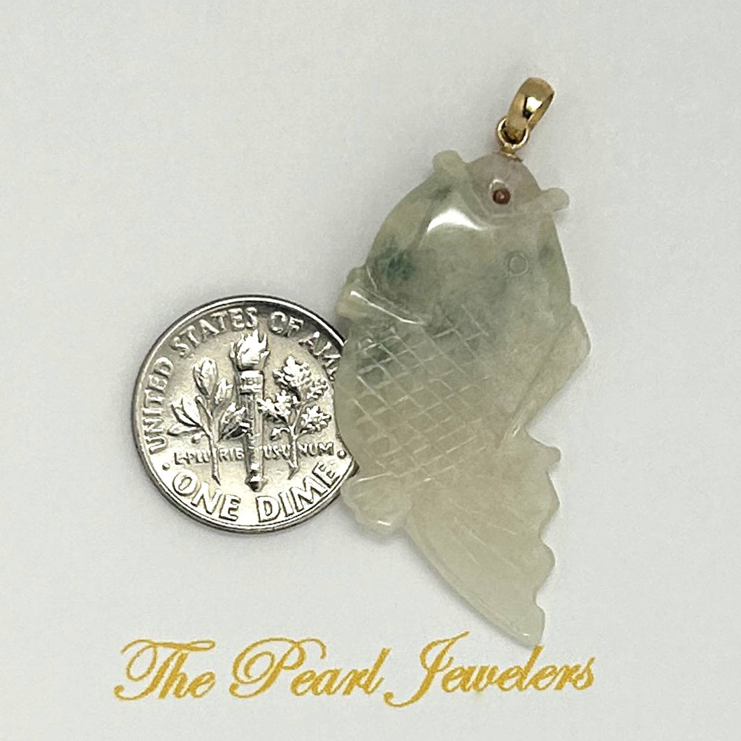 14k Solid Yellow Gold Hand-Carved Carp White-Green Jadeite Pendant