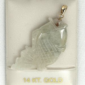 14k Solid Yellow Gold Hand-Carved Carp White-Green Jadeite Pendant