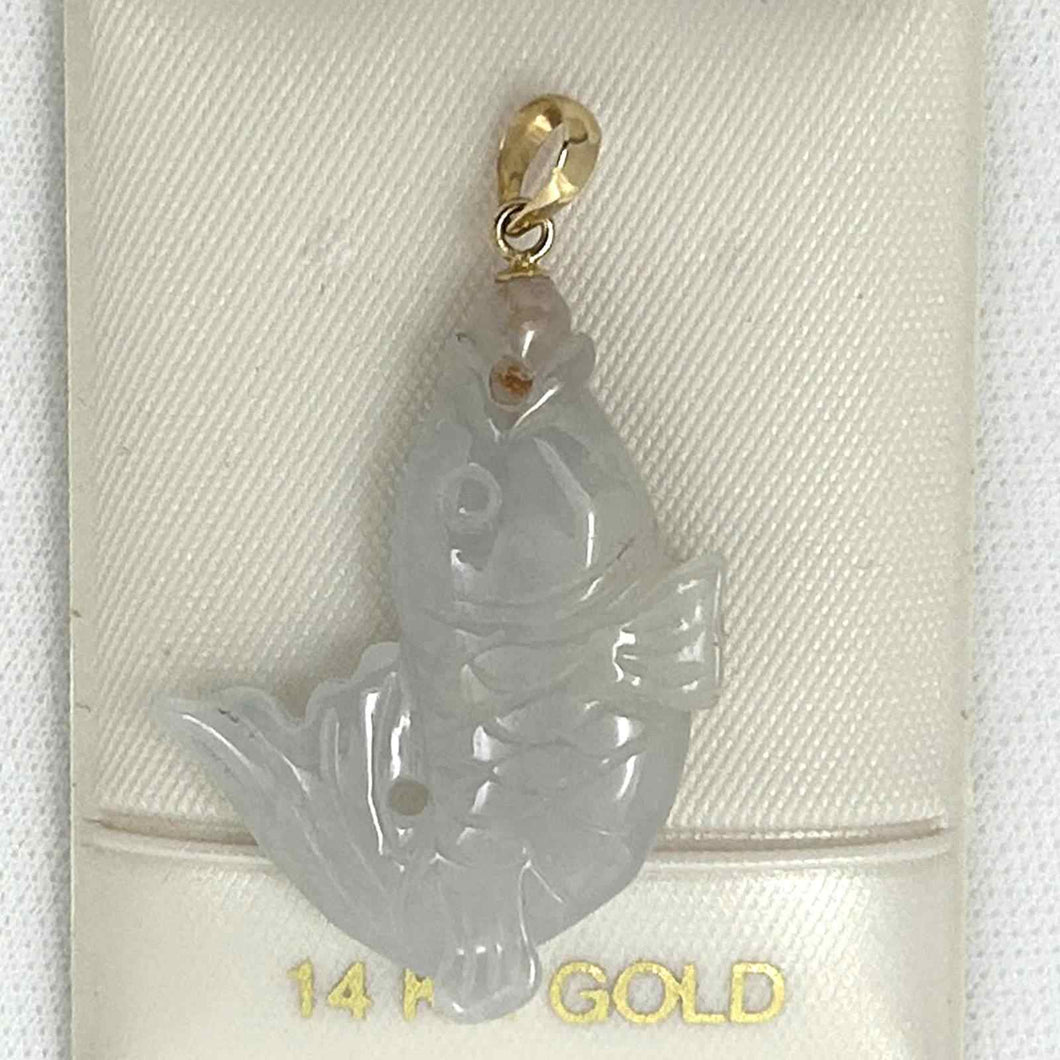 14k Solid Yellow Gold Hand-Carved Carp White Jadeite Pendant