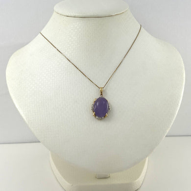 14k Gold Diamond Lavender Oval Jade Pendant Necklace
