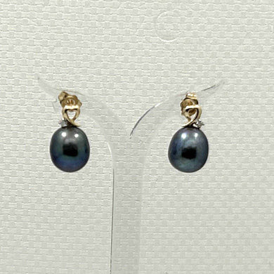 14K Yellow Gold Diamond Black Pearl Heart Stud Earrings (9–10mm)
