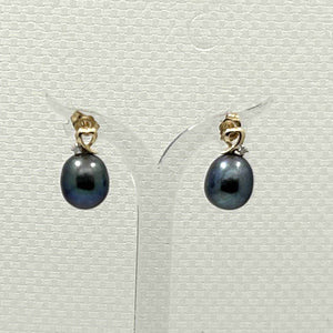 14K Yellow Gold Diamond Black Pearl Heart Stud Earrings (9–10mm)