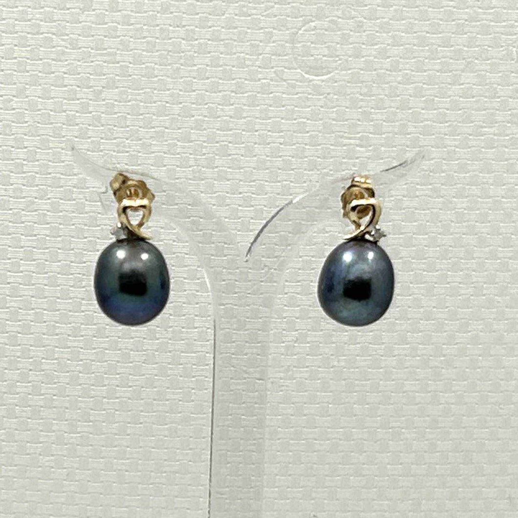 14K Yellow Gold Diamond Black Pearl Heart Stud Earrings (9–10mm)