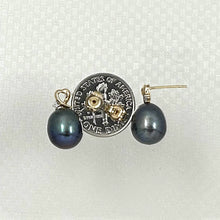 Load image into Gallery viewer, 14K Yellow Gold Diamond Black Pearl Heart Stud Earrings (9–10mm)
