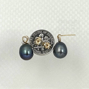 14K Yellow Gold Diamond Black Pearl Heart Stud Earrings (9–10mm)