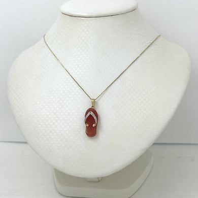 14k Solid Yellow Gold Diamonds Flip-Flop Slipper Red Jade Pendant Necklace