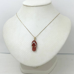 14k Solid Yellow Gold Diamonds Flip-Flop Slipper Red Jade Pendant Necklace