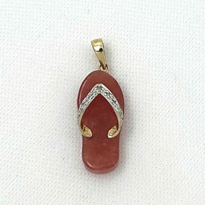 14k Solid Yellow Gold Diamonds Flip-Flop Slipper Red Jade Pendant Necklace