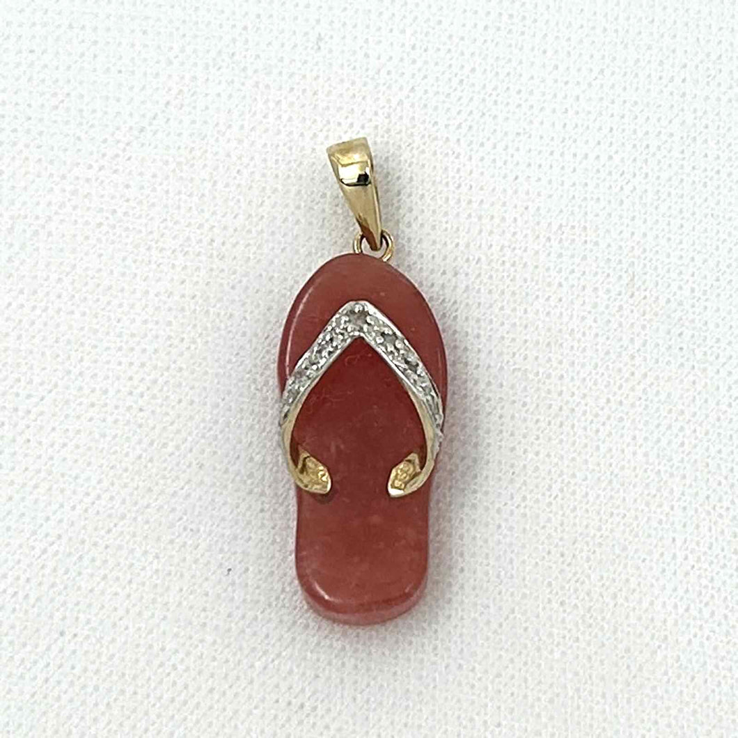 14k Solid Yellow Gold Diamonds Flip-Flop Slipper Red Jade Pendant Necklace