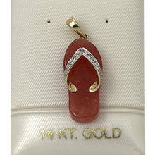 Load image into Gallery viewer, 14k Solid Yellow Gold Diamonds Flip-Flop Slipper Red Jade Pendant Necklace