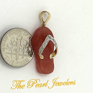 14k Solid Yellow Gold Diamonds Flip-Flop Slipper Red Jade Pendant Necklace