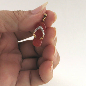 14k Solid Yellow Gold Diamonds Flip-Flop Slipper Red Jade Pendant Necklace