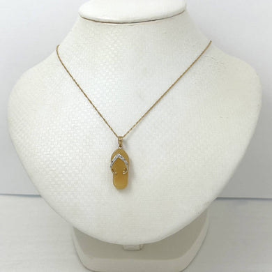 14k Solid Yellow Gold Diamonds Flip-Flop Slipper Yellow Jade Pendant Necklace