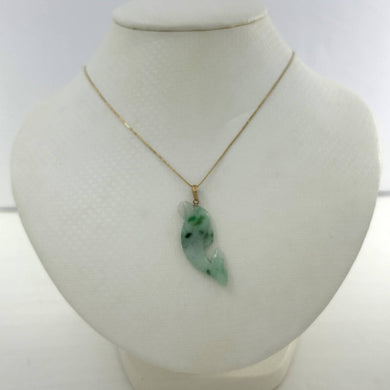 14k Solid Yellow Gold Hand-Carved Dolphin Natural Jadeite Pendant Necklace