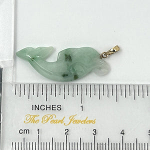 14k Solid Yellow Gold Hand-Carved Dolphin Natural Jadeite Pendant Necklace
