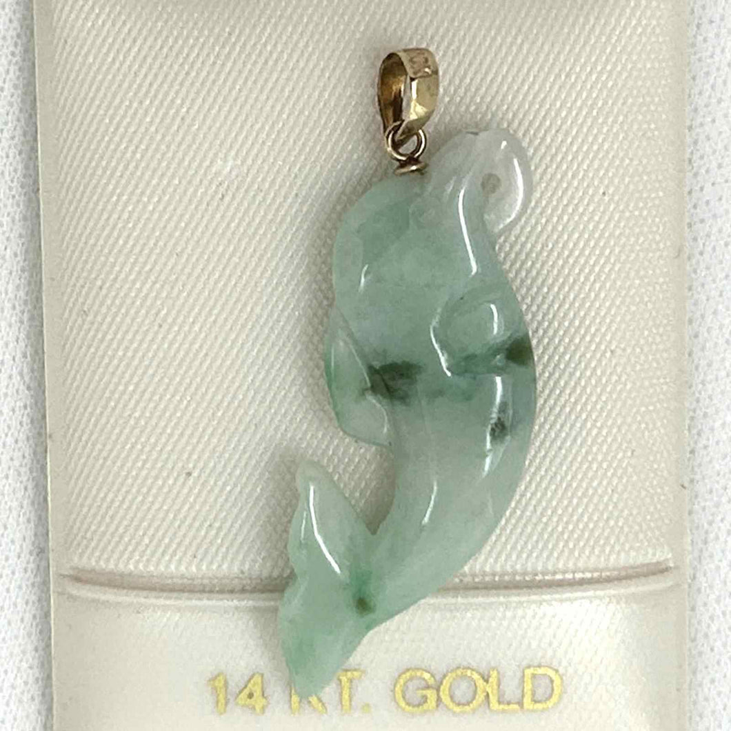 14k Solid Yellow Gold Hand-Carved Dolphin Natural Jadeite Pendant Necklace