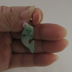 14k Solid Yellow Gold Hand-Carved Dolphin Natural Jadeite Pendant Necklace