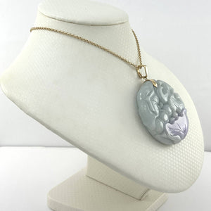 14k Solid Yellow Gold Double-Sided Exquisite Carving Carp & Lotus Jade Pendant Necklace