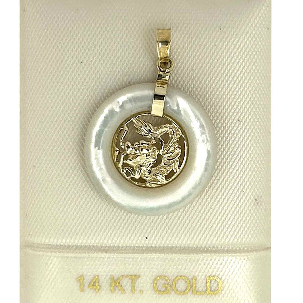 14k Solid Gold Dragon Mother of Pearl Donut Pendant