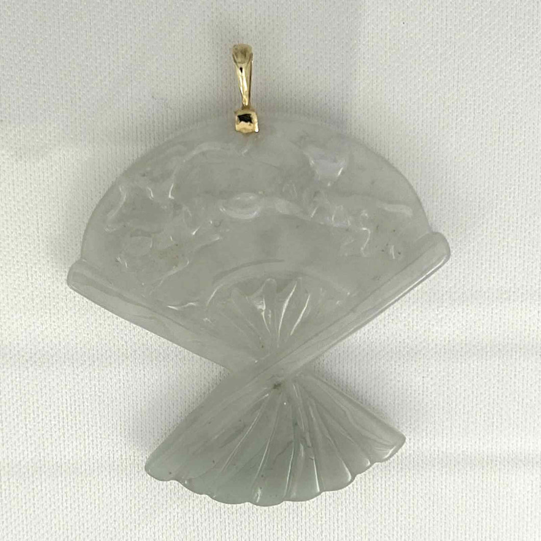 14k Yellow Gold Hand-Carved Fan Jadeite Pendant