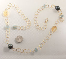 Load image into Gallery viewer, 14k Gold-Filled &amp; 13mm Black Tahitian Pearl Necklace with Citrine &amp; Aquamarine