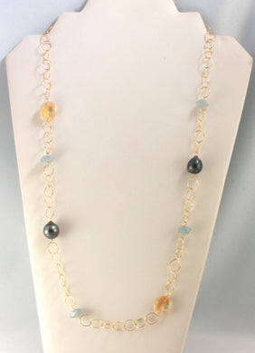 14k Gold-Filled & 13mm Black Tahitian Pearl Necklace with Citrine & Aquamarine