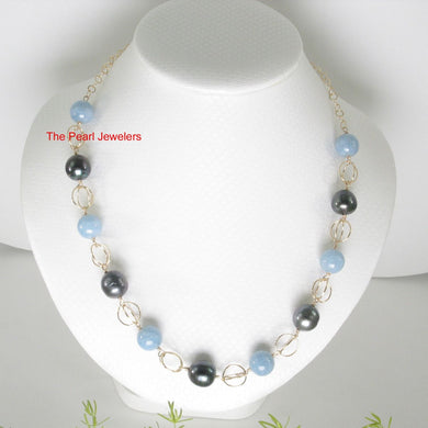 14k Gold-Filled Five Black Tahitian Pearls & Aquamarine Beads Necklace