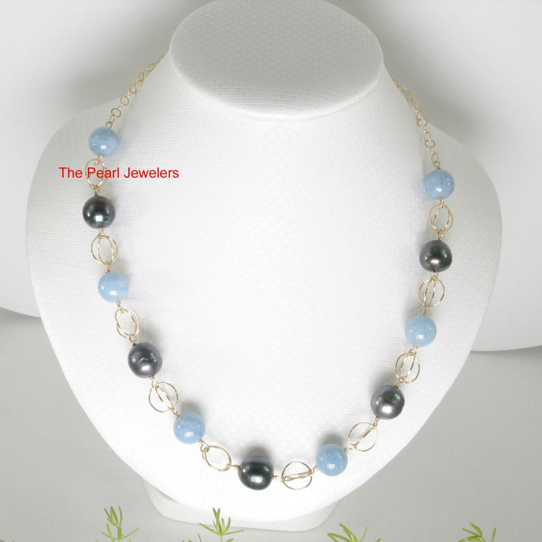 14k Gold-Filled Five Black Tahitian Pearls & Aquamarine Beads Necklace