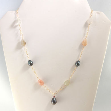 14k Gold-Filled Rutilated Quartz & Three Baroque Tahitian Pearls Necklace