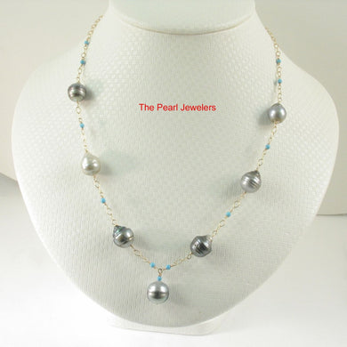 14k Gold-Filled Seven Baroque Gray Tahitian Pearls with Turquoise Necklace