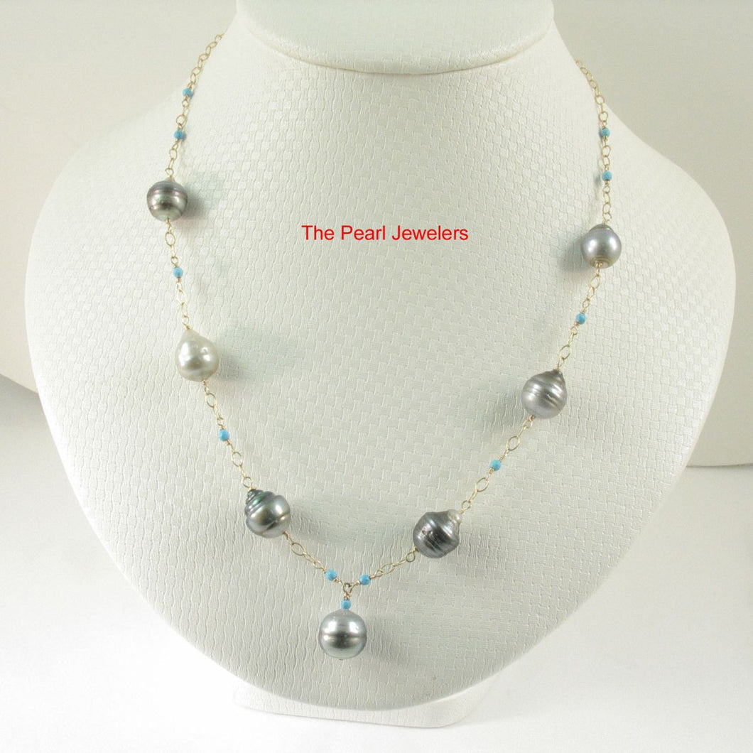 14k Gold-Filled Seven Baroque Gray Tahitian Pearls with Turquoise Necklace