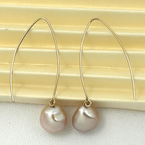 14k Gold Filled V-Wire Pink Baroque Pearl Dangle Earrings