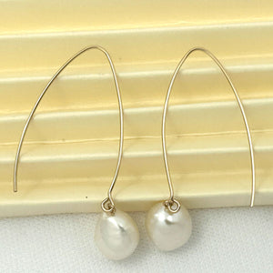 14k Gold Filled V-Wire White Baroque Pearl Dangle Earrings