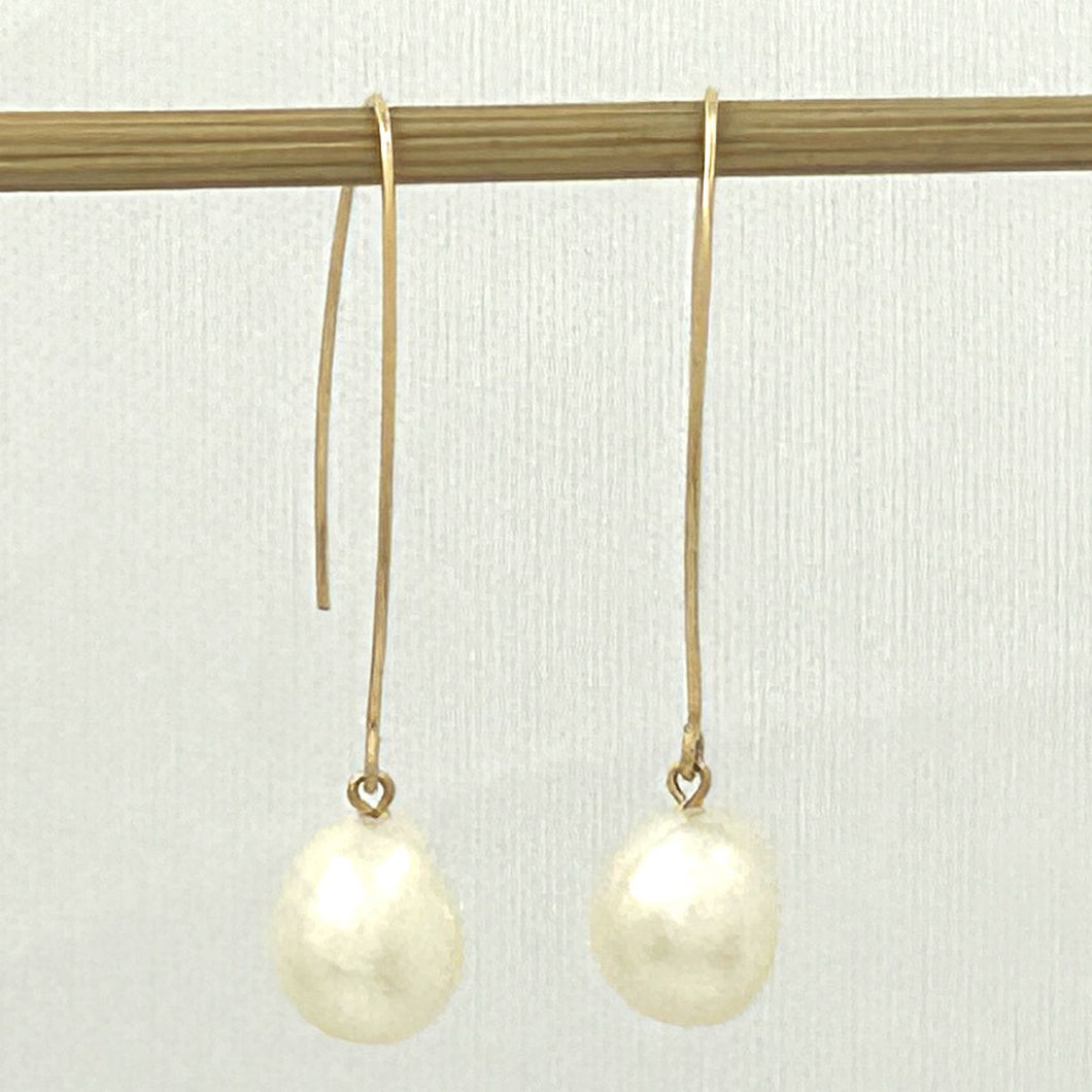 14k Gold Filled V-Wire White Baroque Pearl Dangle Earrings