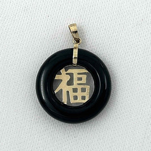 14k Gold Good Luck Black Onyx Donut Pendant