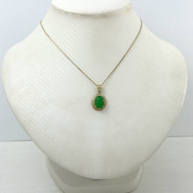 14k Solid Yellow Gold Greek Key Green Jade Cabochon Pendant Necklace