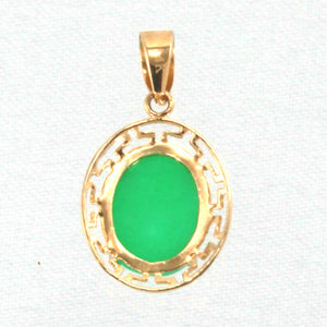 14k Solid Yellow Gold Greek Key Green Jade Cabochon Pendant Necklace