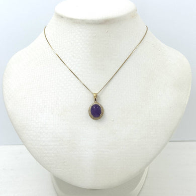 14k Solid Yellow Gold Greek Key Lavender Jade Cabochon Pendant Necklace