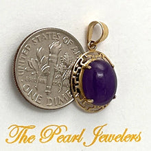 Load image into Gallery viewer, 14k Solid Yellow Gold Greek Key Lavender Jade Cabochon Pendant Necklace