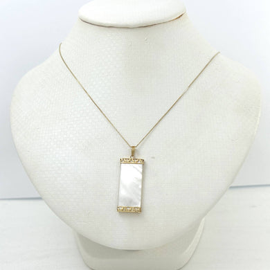 14k Yellow Gold Greek Key White Mother of Pearl Pendant Necklace