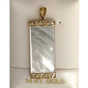 14k Yellow Gold Greek Key White Mother of Pearl Pendant Necklace