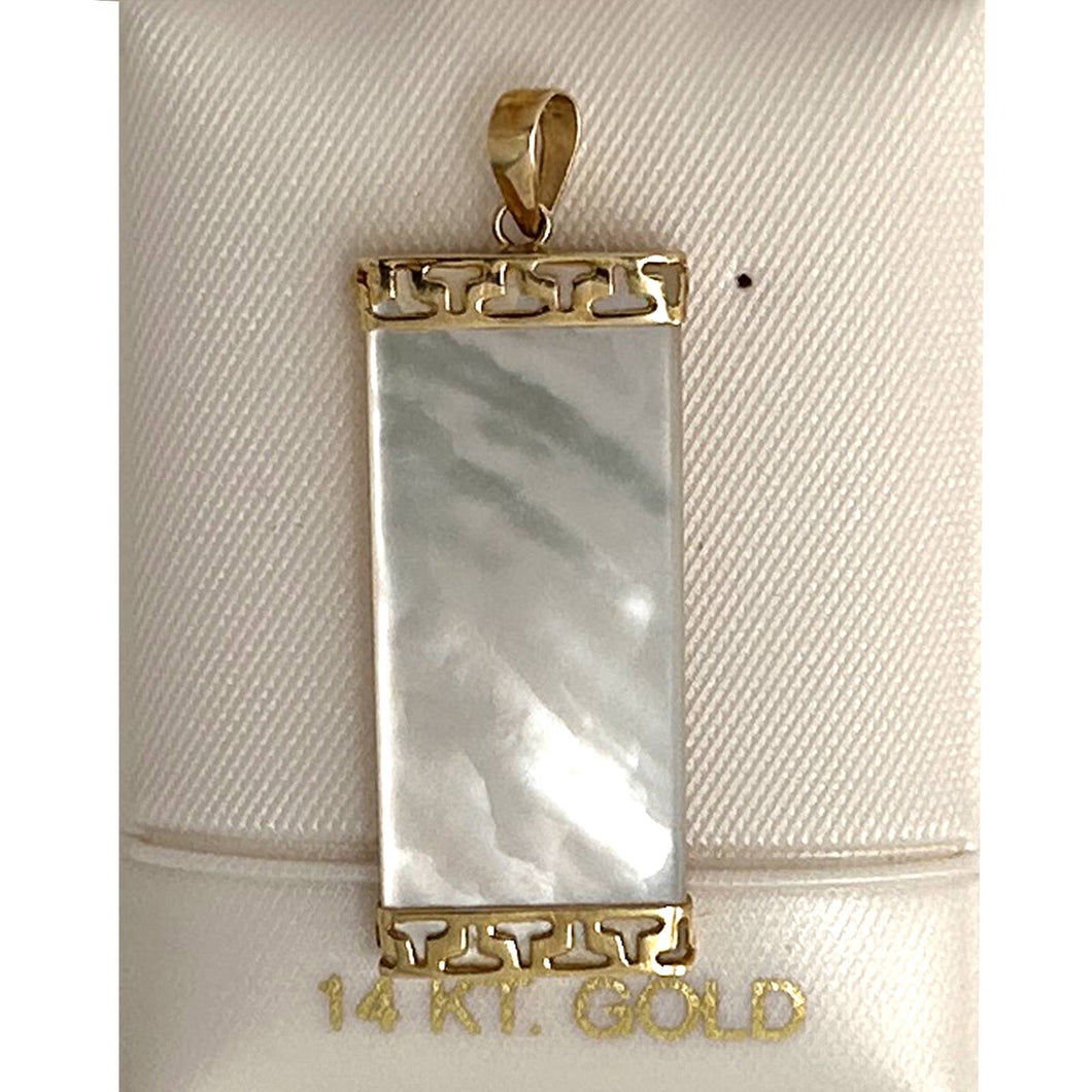 14k Yellow Gold Greek Key White Mother of Pearl Pendant Necklace