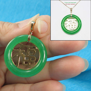 14k Solid Yellow Gold Green Jade Good Fortune Donut Pendant