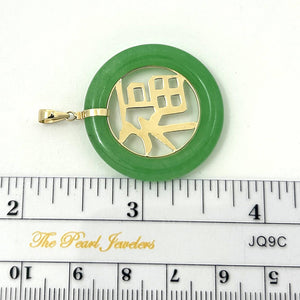 14k Solid Yellow Gold Green Jade Good Fortune Donut Pendant