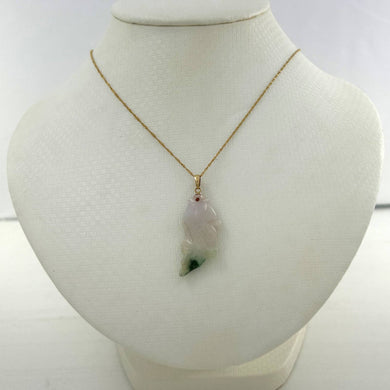 14k Solid Yellow Gold Hand-Carved Good Fortune Carp Celadon Two-Tone Jadeite Pendant