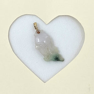 14k Solid Yellow Gold Hand-Carved Good Fortune Carp Celadon Two-Tone Jadeite Pendant